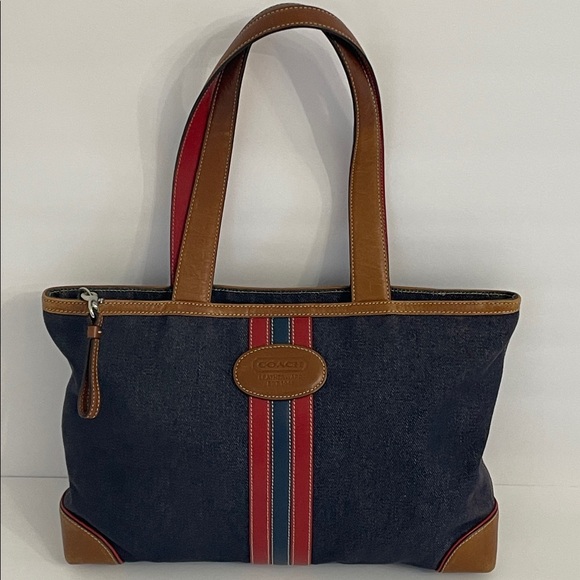 Coach Vintage Varsity Stripe Denim & Leather Tote - Picture 1 of 13